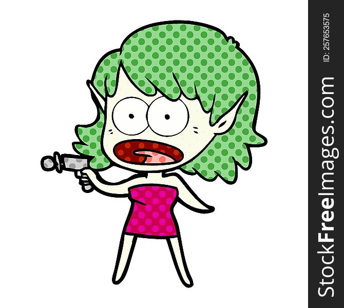 cartoon shocked alien girl with ray gun. cartoon shocked alien girl with ray gun