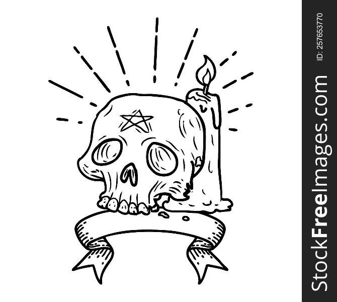 scroll banner with black line work tattoo style spooky skull and candle