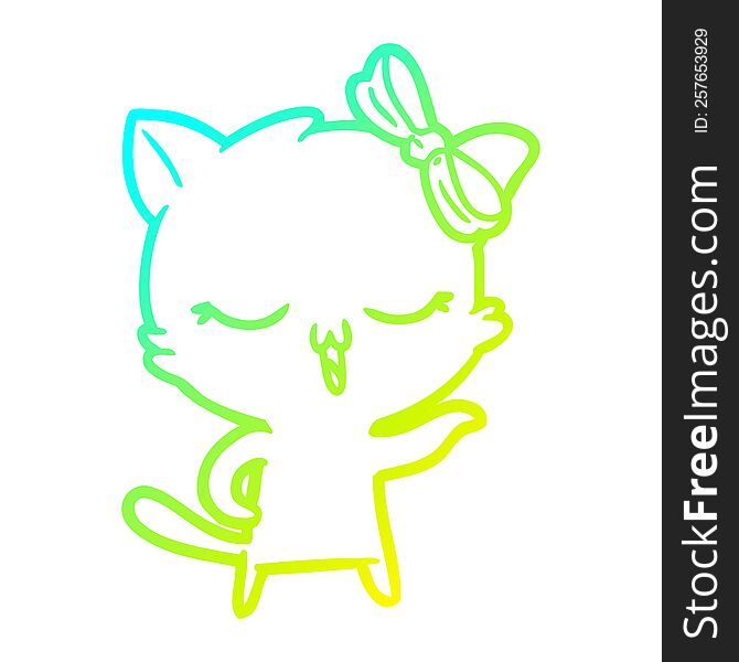 cold gradient line drawing cartoon cat with bow on head