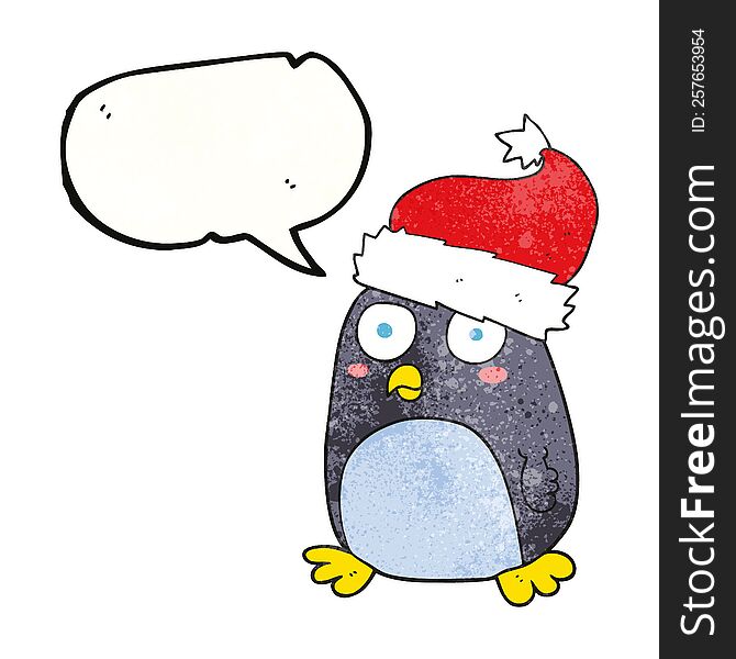 Speech Bubble Textured Cartoon Penguin In Christmas Hat