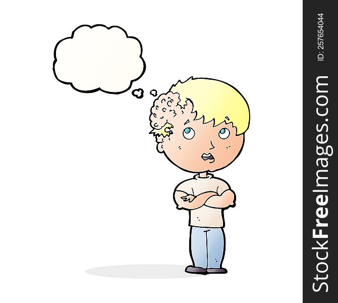 cartoon boy with growth on head with thought bubble