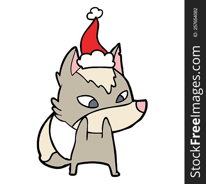 shy hand drawn line drawing of a wolf wearing santa hat. shy hand drawn line drawing of a wolf wearing santa hat