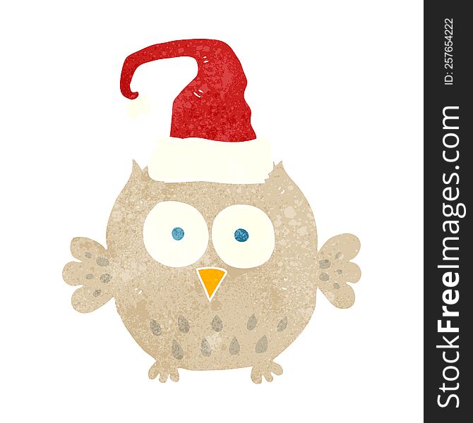 Retro Cartoon Owl Wearing Christmas Hat