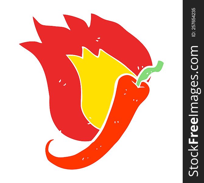 Flat Color Illustration Of A Cartoon Flaming Hot Chilli Pepper