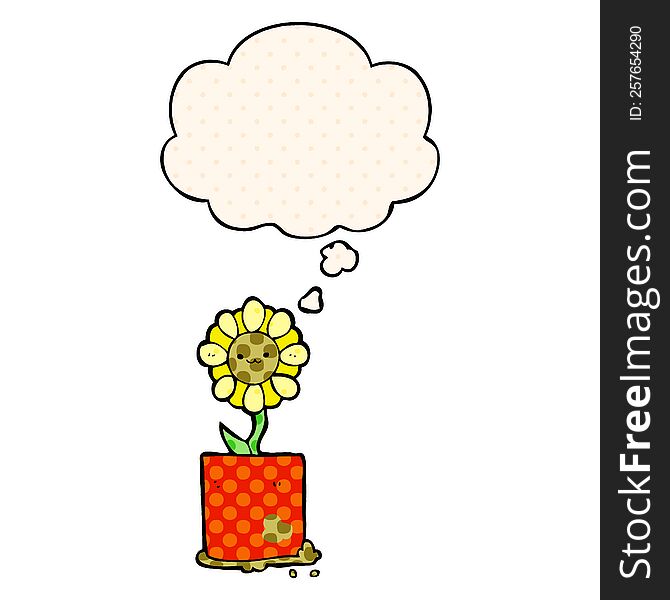 cute cartoon flower with thought bubble in comic book style