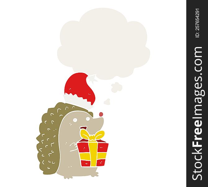 Cartoon Hedgehog Wearing Christmas Hat And Thought Bubble In Retro Style