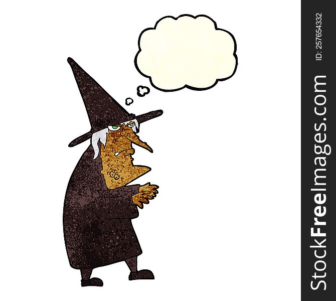 cartoon ugly old witch with thought bubble
