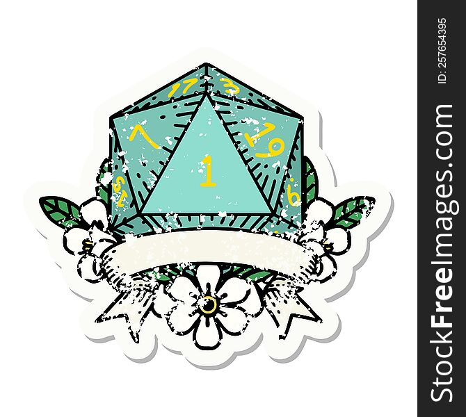 grunge sticker of a natural one d20 dice roll. grunge sticker of a natural one d20 dice roll