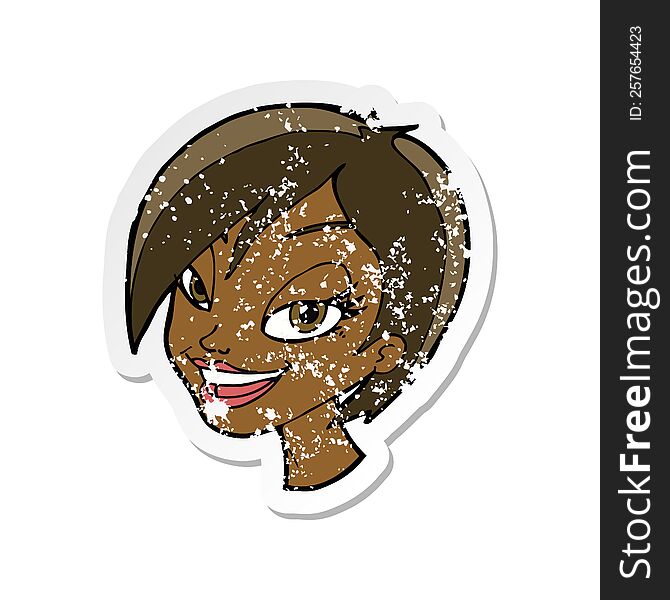 Retro Distressed Sticker Of A Cartoon Pretty Female Face