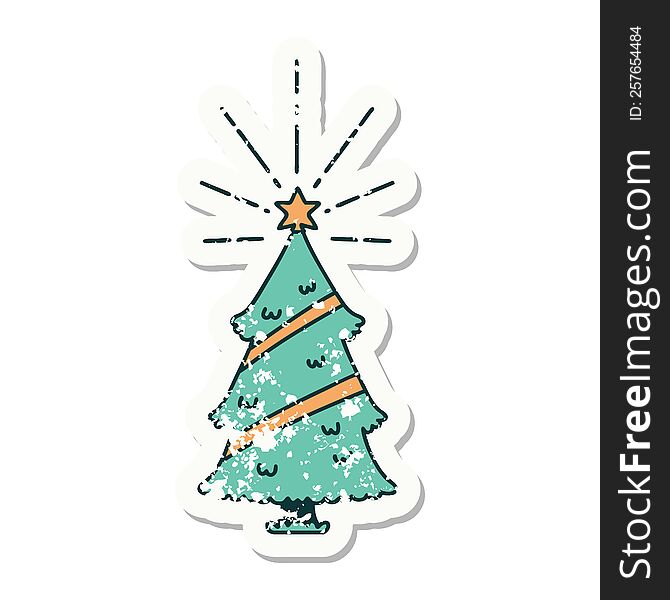 Grunge Sticker Of Tattoo Style Christmas Tree With Star