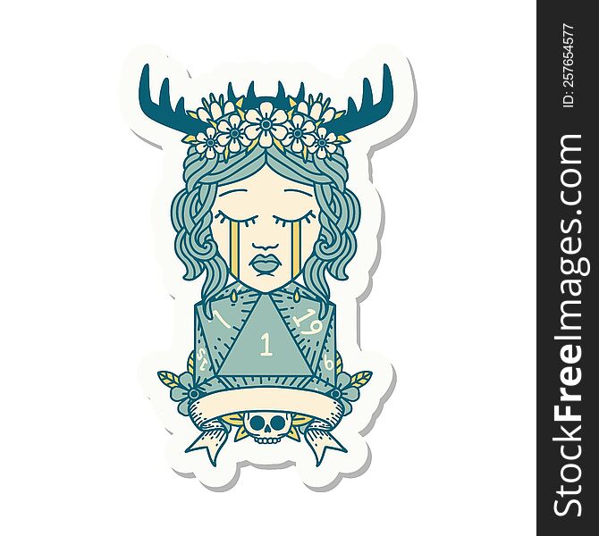 sticker of a crying human druid with natural one roll. sticker of a crying human druid with natural one roll