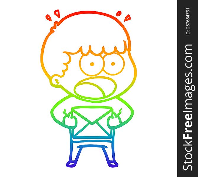 Rainbow Gradient Line Drawing Cartoon Shocked Man Holding Envelope