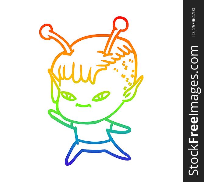 rainbow gradient line drawing of a cute cartoon alien girl