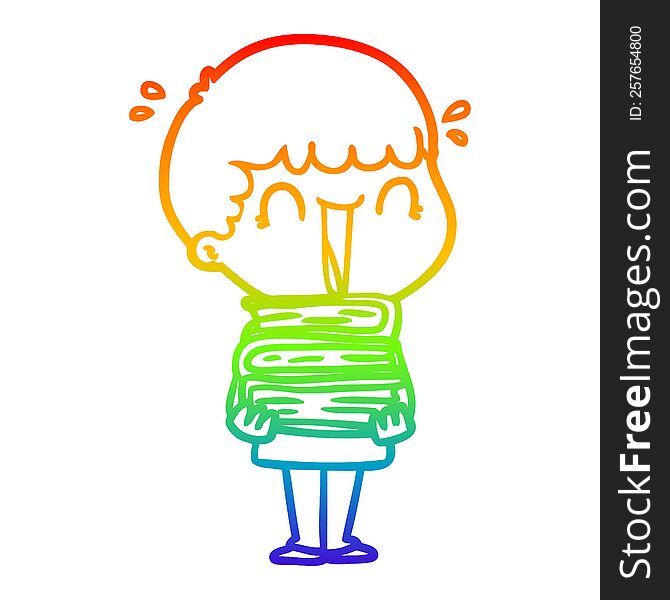 rainbow gradient line drawing of a laughing cartoon man holding stack of books