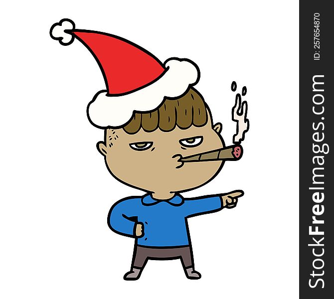 hand drawn line drawing of a man smoking wearing santa hat