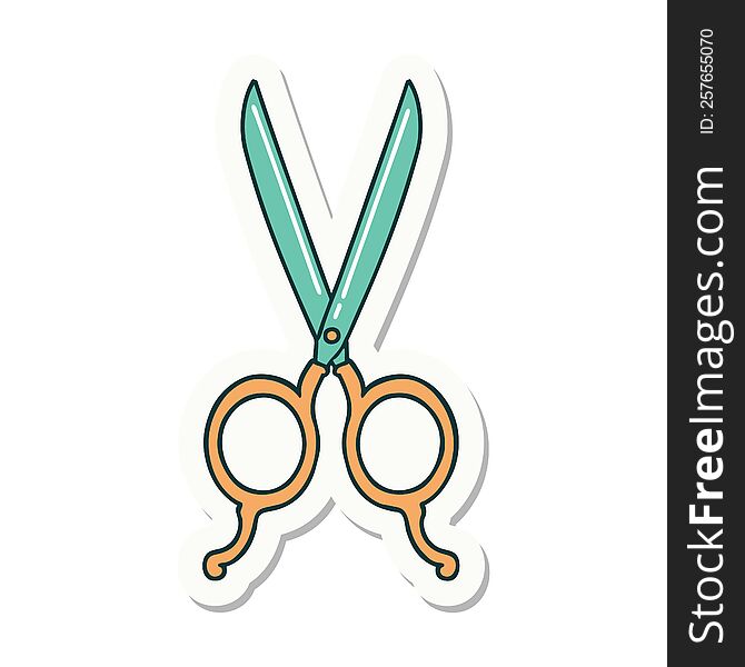 sticker of tattoo in traditional style of barber scissors. sticker of tattoo in traditional style of barber scissors