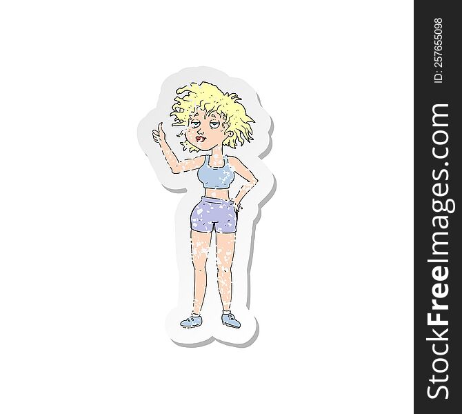 Retro Distressed Sticker Of A Cartoon Tired Gym Woman