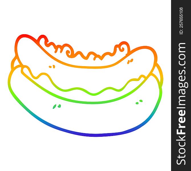 rainbow gradient line drawing of a cartoon hotdog in a bun