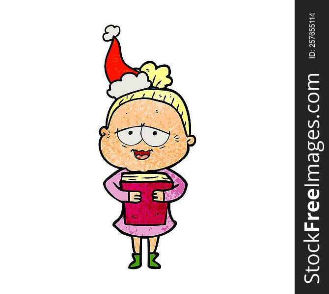 hand drawn textured cartoon of a happy old lady wearing santa hat