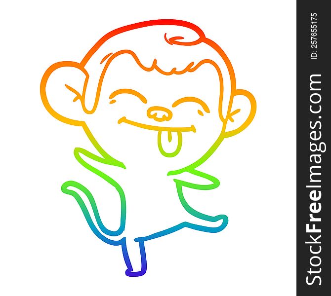 rainbow gradient line drawing of a funny cartoon monkey dancing