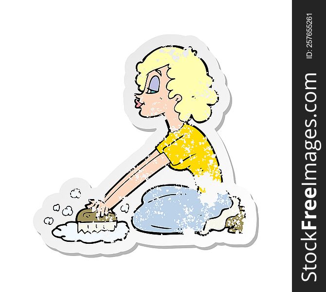 retro distressed sticker of a cartoon woman scrubbing floor
