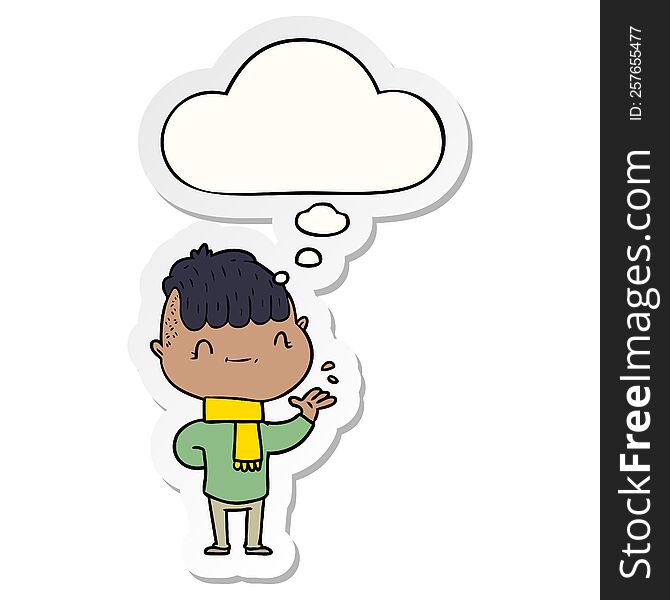 cartoon friendly boy with thought bubble as a printed sticker