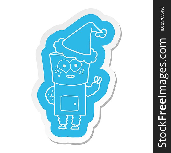 happy quirky cartoon  sticker of a robot waving hello wearing santa hat