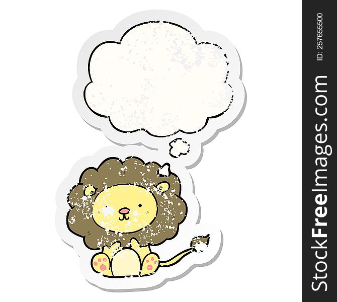 cartoon lion with thought bubble as a distressed worn sticker