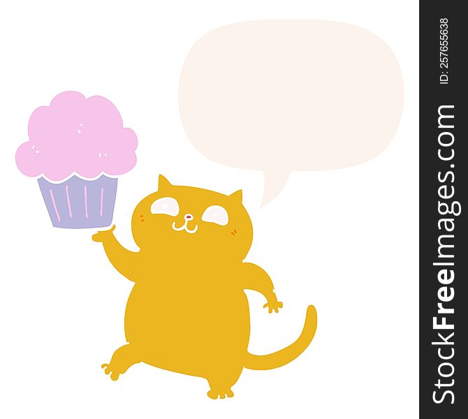Cartoon Cat And Cupcake And Speech Bubble In Retro Style