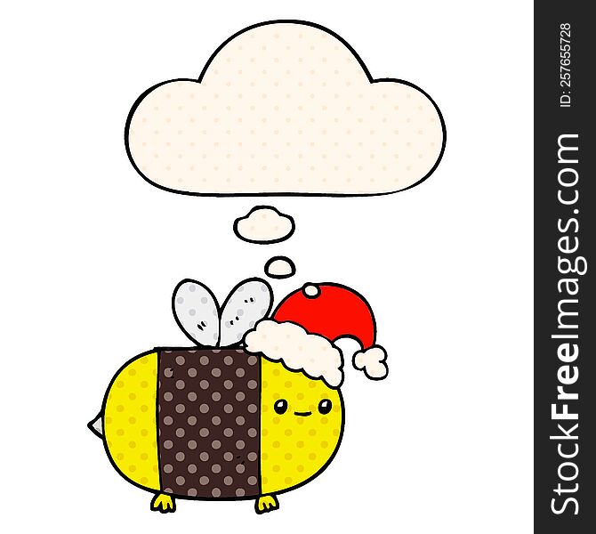 Cartoon Christmas Bee And Thought Bubble In Comic Book Style