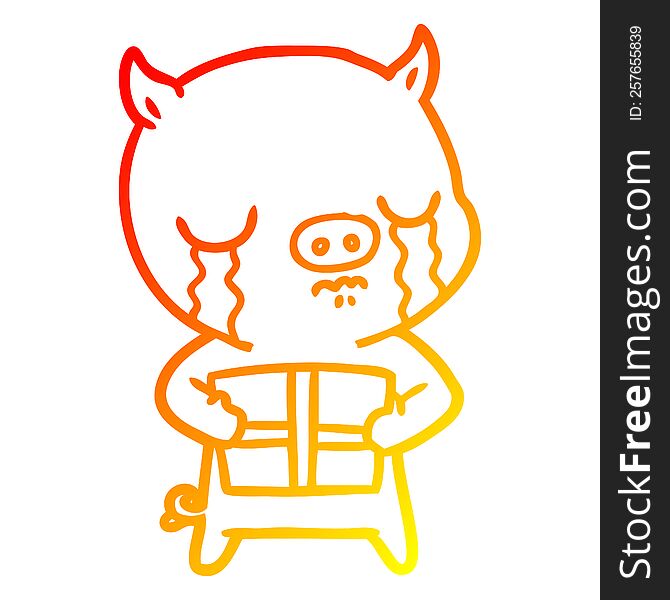 warm gradient line drawing of a cartoon pig crying over christmas present