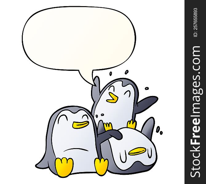 cartoon happy penguins with speech bubble in smooth gradient style