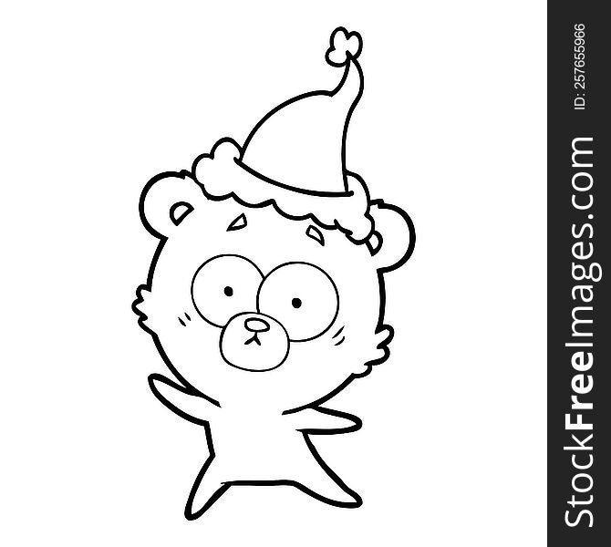 anxious bear hand drawn line drawing of a wearing santa hat. anxious bear hand drawn line drawing of a wearing santa hat