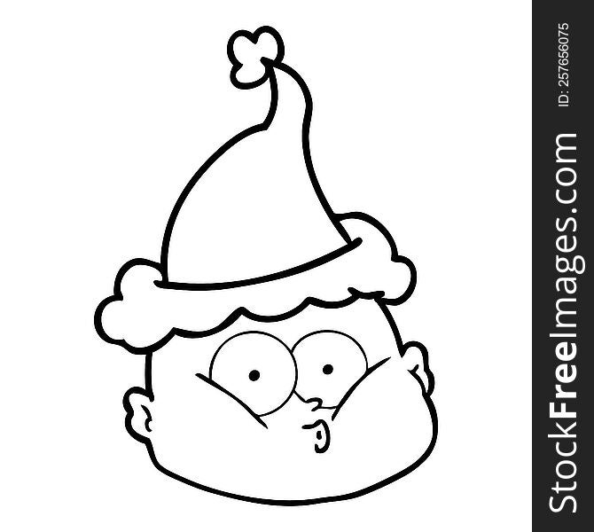 hand drawn line drawing of a curious bald man wearing santa hat