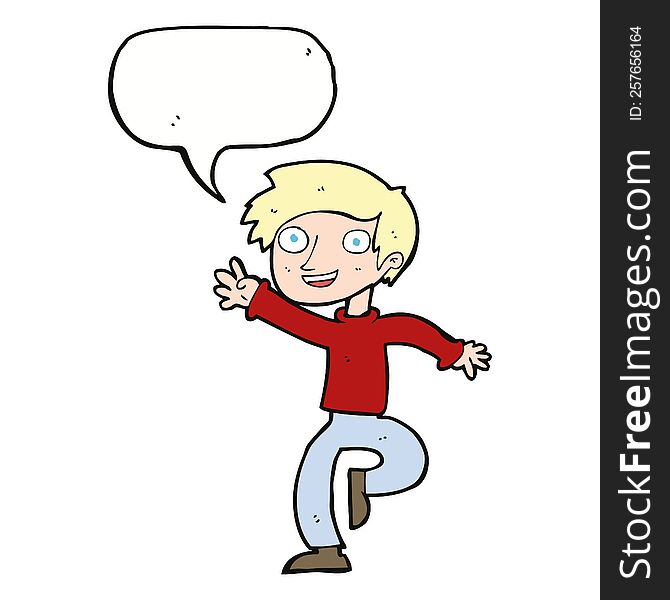 Cartoon Excited Boy Dancing With Speech Bubble