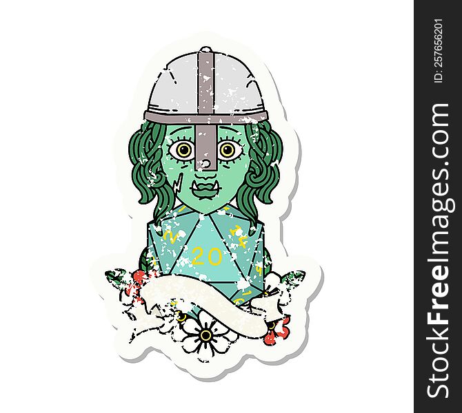 grunge sticker of a half orc fighter character with natural 20 dice roll. grunge sticker of a half orc fighter character with natural 20 dice roll