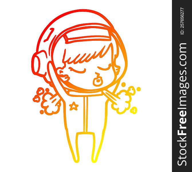 warm gradient line drawing of a cartoon pretty astronaut girl taking off helmet
