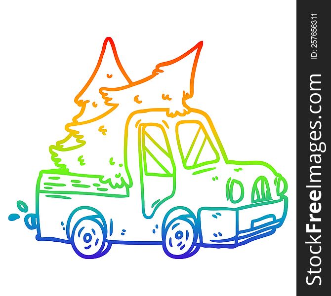 rainbow gradient line drawing of a pickup truck carrying christmas trees