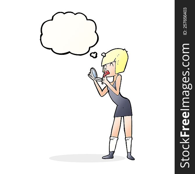 cartoon woman applying lipstick with thought bubble