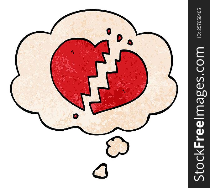 Cartoon Broken Heart And Thought Bubble In Grunge Texture Pattern Style