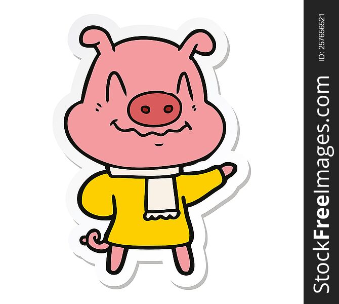 Sticker Of A Nervous Cartoon Pig Wearing Scarf