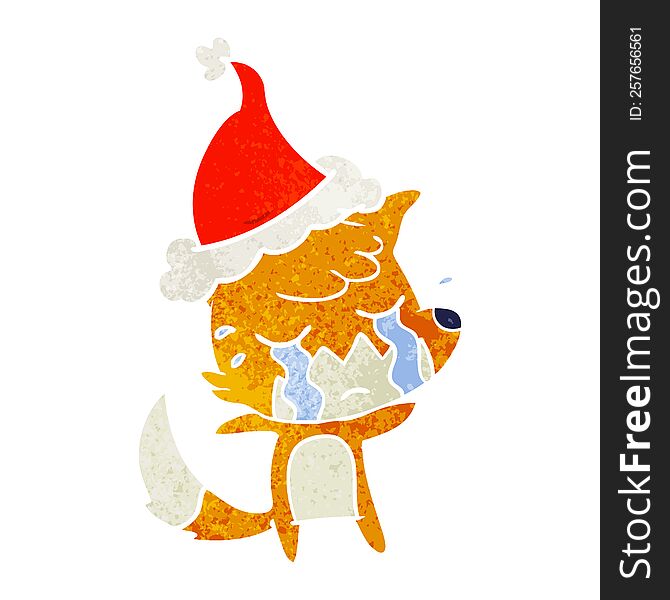 crying fox hand drawn retro cartoon of a wearing santa hat. crying fox hand drawn retro cartoon of a wearing santa hat