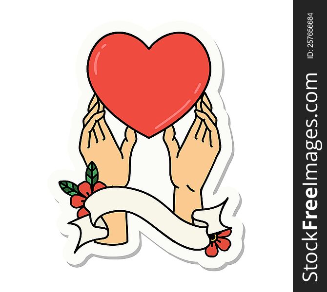 tattoo sticker with banner of a hands reaching for a heart