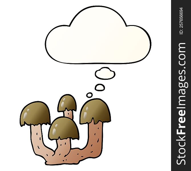 cartoon mushrooms with thought bubble in smooth gradient style