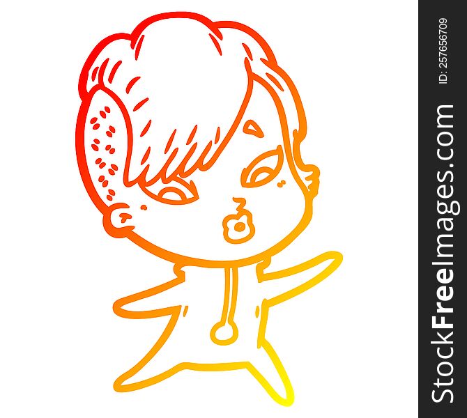 warm gradient line drawing of a cartoon surprised girl in science fiction clothes