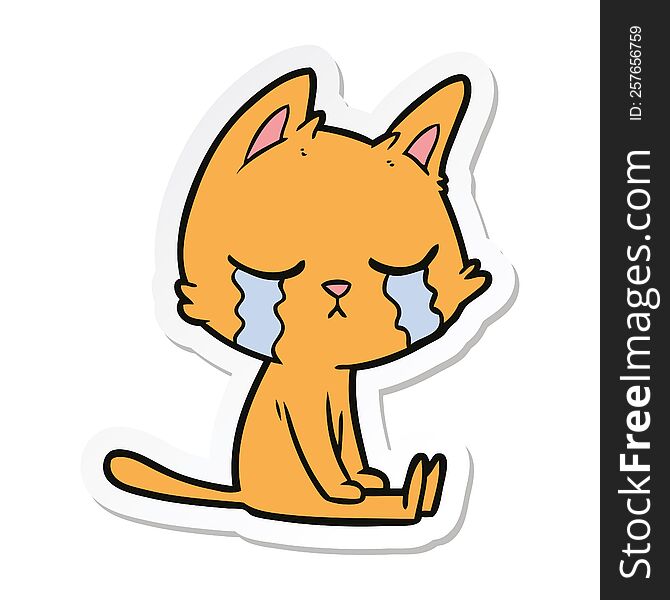 Sticker Of A Crying Cartoon Cat Sitting