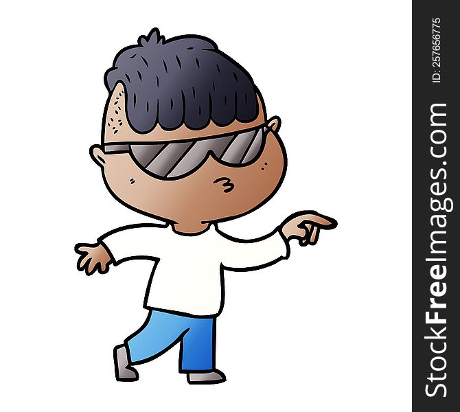 cartoon boy wearing sunglasses pointing. cartoon boy wearing sunglasses pointing