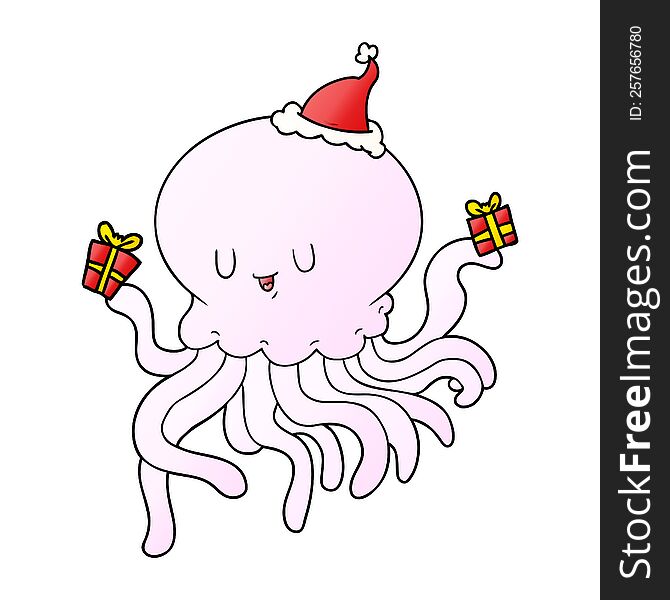 Gradient Cartoon Of A Jellyfish In Love Wearing Santa Hat