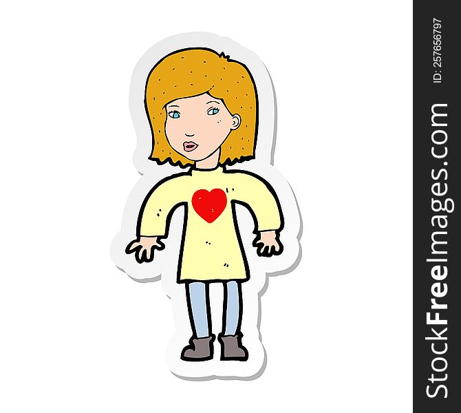 sticker of a cartoon woman wearing heart shirt