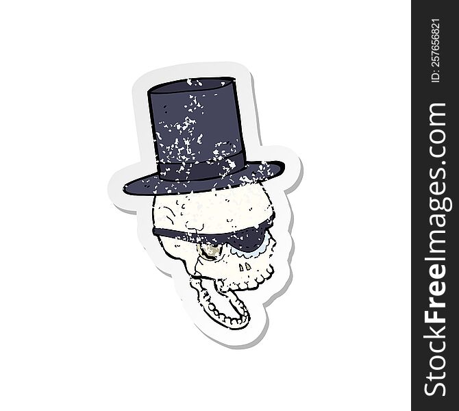 Retro Distressed Sticker Of A Cartoon Skull In Top Hat